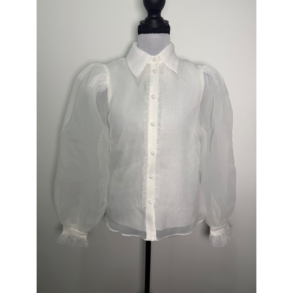 Fate Womens White Puff Sleeve Ruffle Button Down Blouse Sheer Organza Top Small